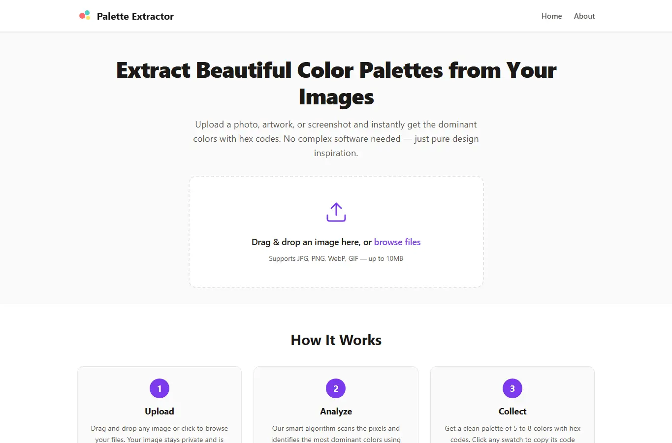 Screenshot of Palette Extractor – Extract Color Palettes from Images interface showing the project page in use